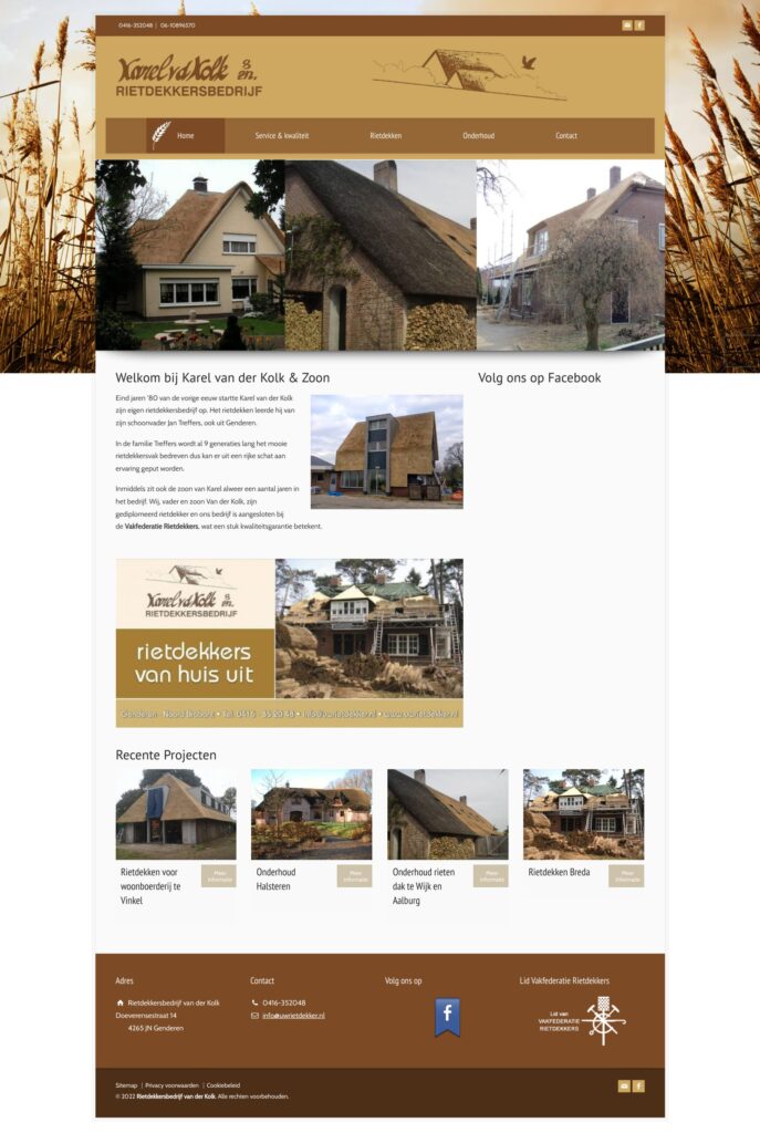 Homepage van uwrietdekker.nl, de website van Rietdekkersbedrijf van der Kolk