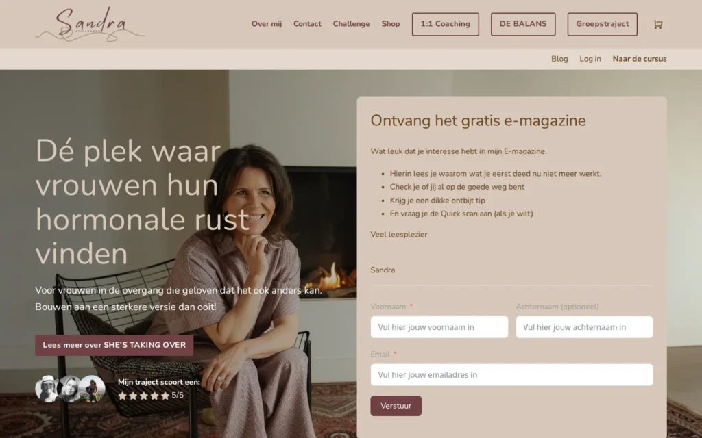Homepage van sandra-appeldoorn.nl, de website van overgangscoach Sandra Appeldoorn, ontwikkeld door SWIRL Marketing
